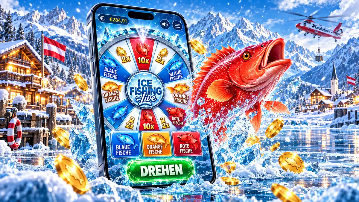Ice Fishing am Handy: Glücksrad mit Feldern für blaue, orange und rote Fische und grünem Drehen-Button