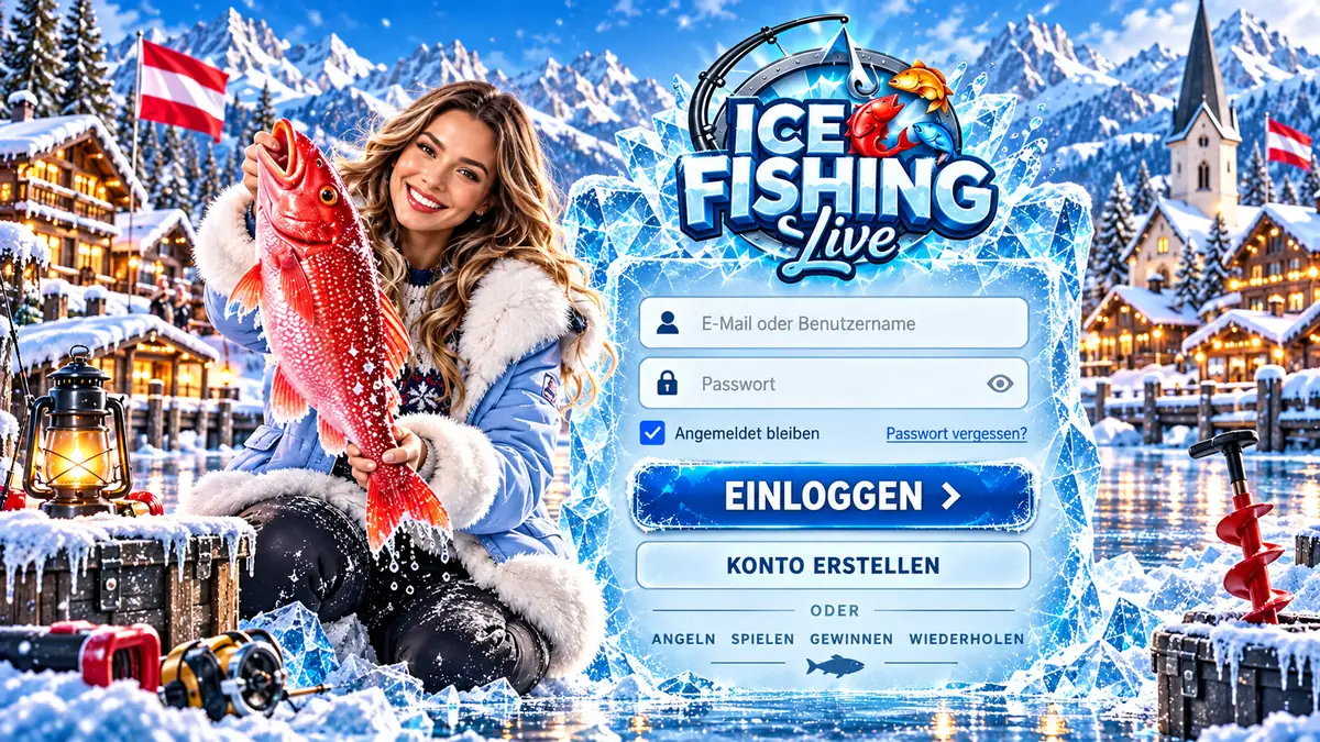 Ice Fishing Login mit E-Mail-Feld, Passwort und Einloggen-Button, daneben eine Spielerin mit rotem Fisch