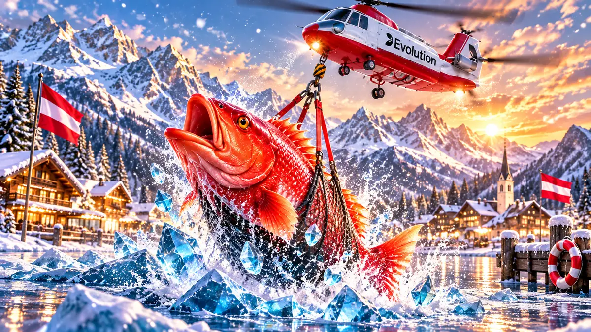 Hubschrauber von Evolution hebt bei Ice Fishing einen riesigen roten Fisch aus dem See