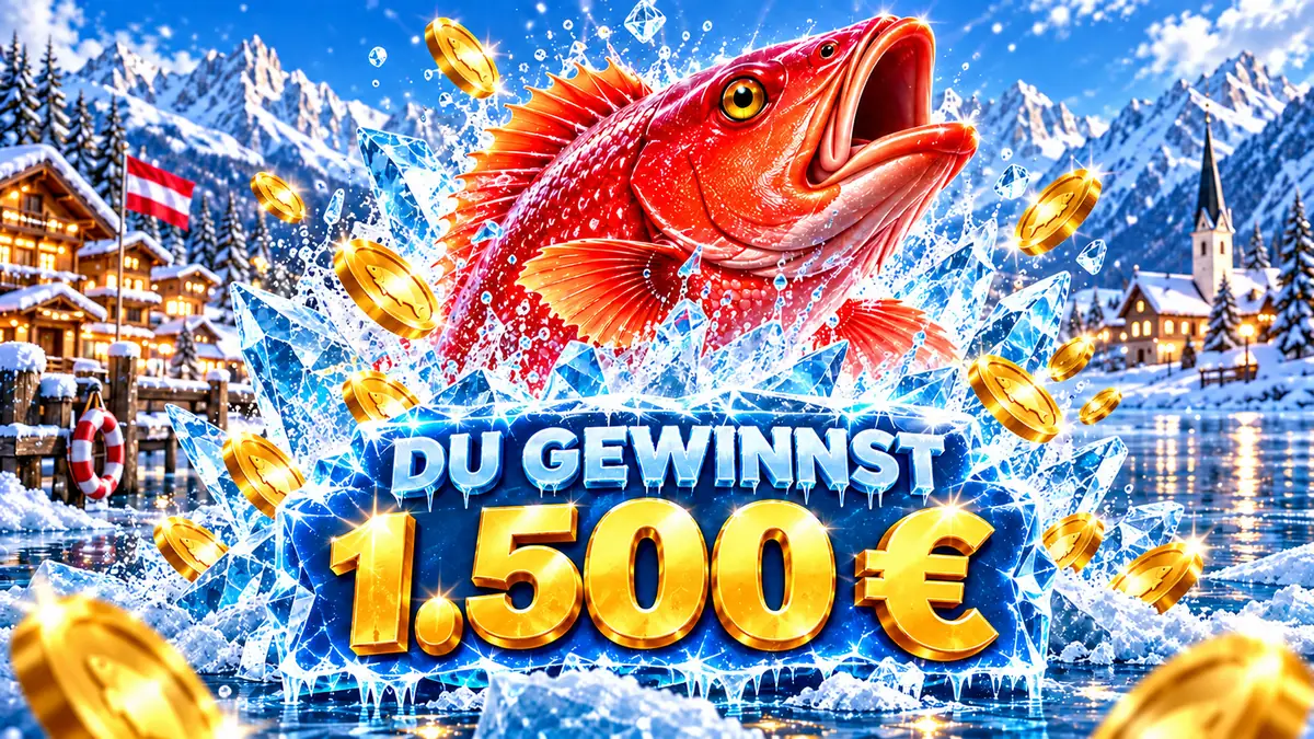 Banner „Du gewinnst 1.500 €“ bei Ice Fishing mit rotem Fisch und Goldmünzen