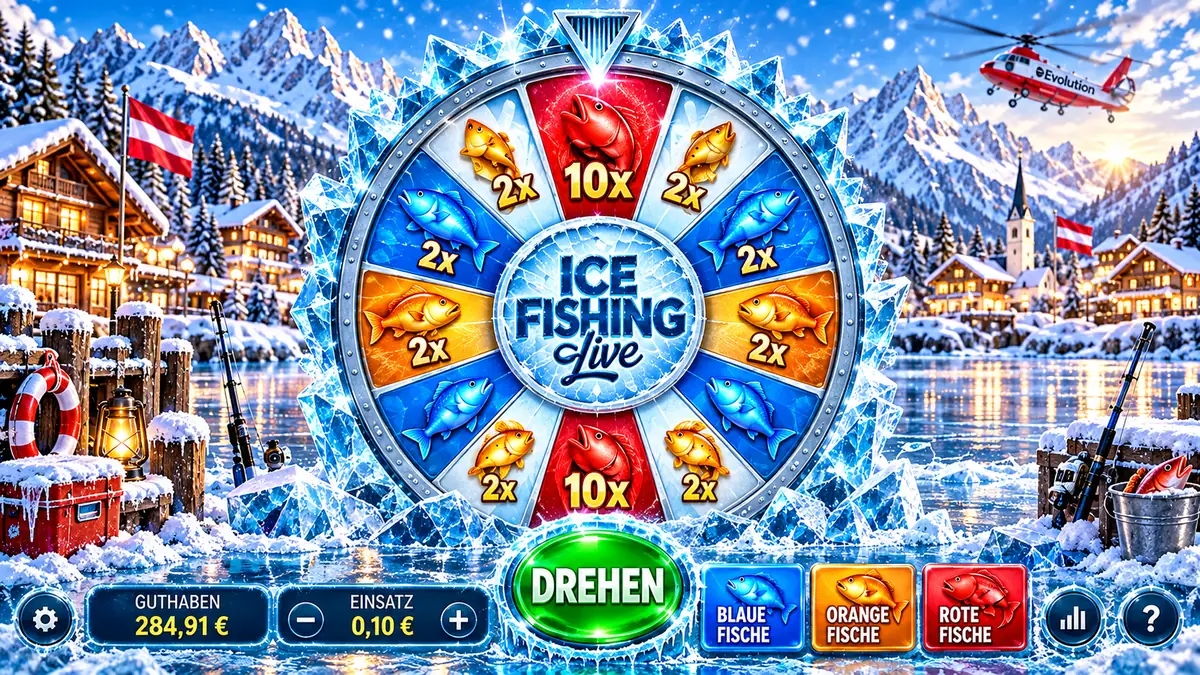 Ice Fishing Spielansicht mit Rad, Guthaben 284,91 €, Einsatz 0,10 € und Drehen-Button